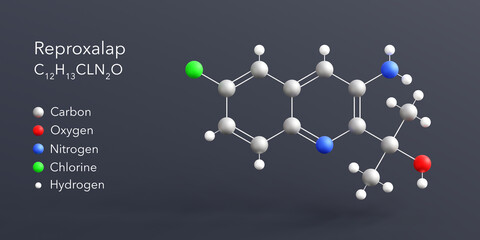 reproxalap molecule 3d rendering, flat molecular structure with chemical formula and atoms color coding