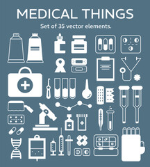 Vector set of white icons on a medical theme. Image of elements of medical equipment. Poster 