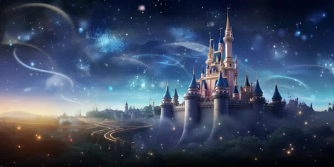 Deurstickers Fairy tale castle in mountains at night. Vector cartoon landscape of fairytale kingdom with rocks, trees and royal palace with towers and glowing windows. 3D style. Cartoon © Olena