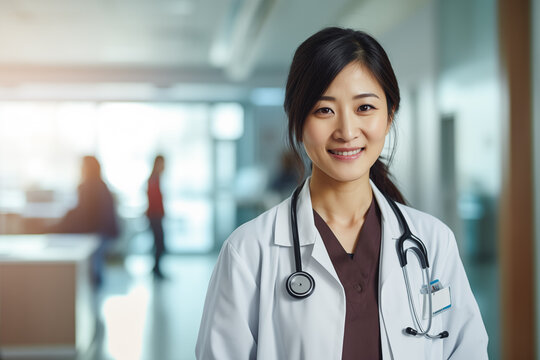 Portrait of a confident Young Asian female doctor posing with a friendly expression in hospital wearing medical coat.