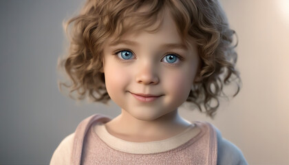Girl with blue eyes. Little girl. Magical look. Blank smooth background. AI generated