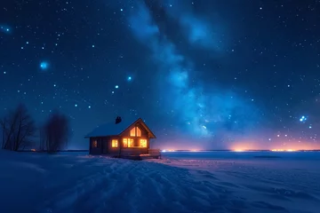 Fotobehang A cottage with the Milky Way in the background at night. Generative Ai. © Planum