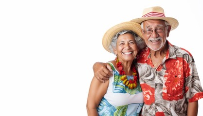 Happy hispanic senior couple in vacation clothes, isolated on white background.