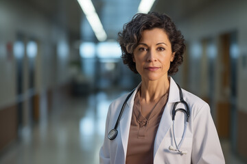 Portrait of a confident Hispanic female doctor in her 50s posing with a serious expression in...
