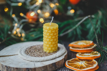 Beeswax candles on dark background