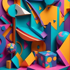 A visually captivating abstract 3D illustration in the mesmerizing style of Neo Memphis. The background portrays a grainy texture, adding a touch of depth and realism to the artwork. Generative AI
