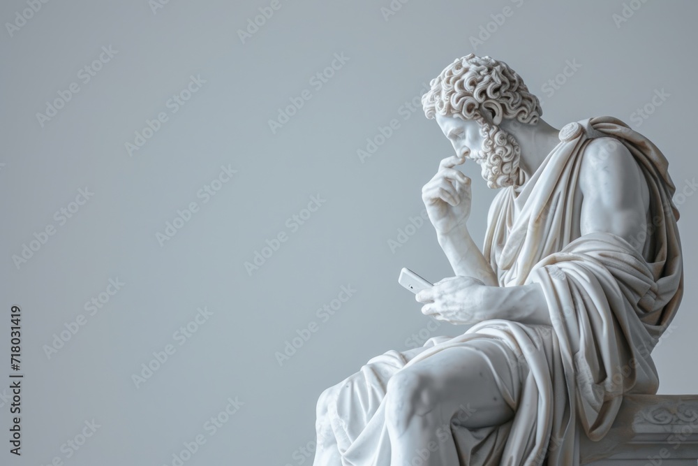Wall mural An antique ancient Greek statue using a smartphone, casual attire. Carved from white marble. isolated on background - Wall murals