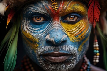 Close-up of an papua new guinea indigenous man's face adorned with colorful traditional face paint and tribal headgear.
 - obrazy, fototapety, plakaty