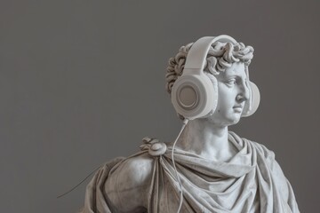 An antique ancient Greek statue wearing modern headphones and casual attire. Carved from white marble. isolated on background