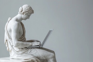 An antique ancient Greek statue working on a laptop in a stylish office. casual attire. Carved from white marble. isolated on background - obrazy, fototapety, plakaty