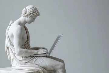 Foto op Plexiglas An antique ancient Greek statue working on a laptop in a stylish office. casual attire. Carved from white marble. isolated on background © Gasi