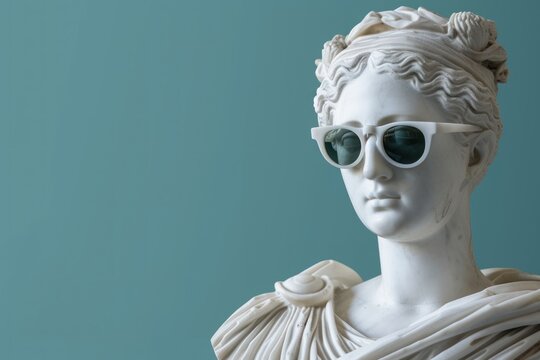 antique ancient Greek statue wearing sunglasses. Carved from white marble. isolated on background