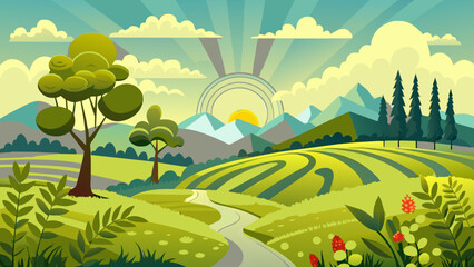 Obraz premium Summer landscape with country road, green trees, blue sky and white clouds and agriculture fields. Vector cartoon illustration of rural countryside of farmland.