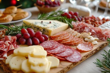 An upscale cheese and sausage charcuterie in close-up. Generative Ai.