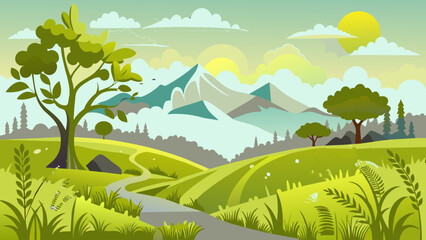 Obraz premium Mountain pathway landscape. Nature background with mountains, hills, summer field or meadow with green grass and sky with clouds. Vector illustration.