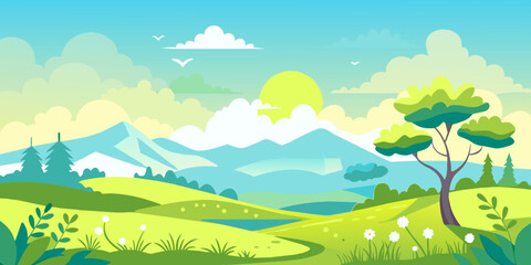 Fototapeta na wymiar Field or meadow with green grass, flowers and hills. Summer landscape background. Horizon line with blue sky and clouds. Farm and countryside scenery. Vector