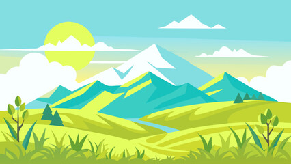 Summer landscape background. Field or meadow with green grass, flowers and hills. Horizon line with blue sky and clouds. Vector illustration