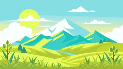 Fotobehang Summer landscape background. Field or meadow with green grass, flowers and hills. Horizon line with blue sky and clouds. Vector illustration © Veronica