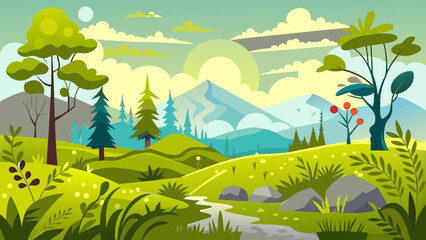 Vector illustration background hill landscape with pines and cypresses. Spring scenery with green grass and blue sky.
