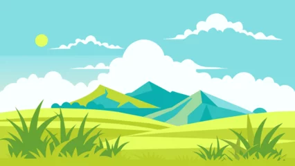 Poster Summer fields, hills landscape, green grass, blue sky with clouds, flat style cartoon painting illustration, background © Veronica