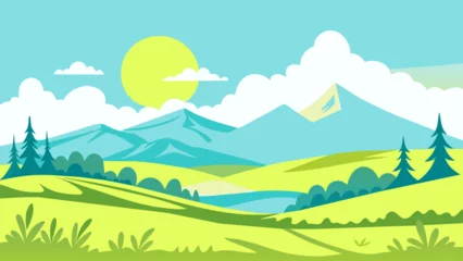 Foto auf Acrylglas Vector illustration: Summer panoramic cartoon flat landscape with mountains, hills and green field and white clouds © Veronica
