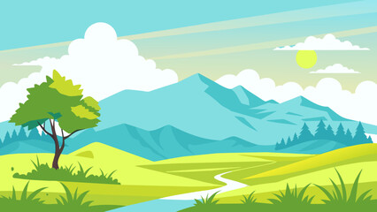 Landscape with green agriculture fields, path and bushes with flowers. Vector cartoon panoramic illustration of summer countryside