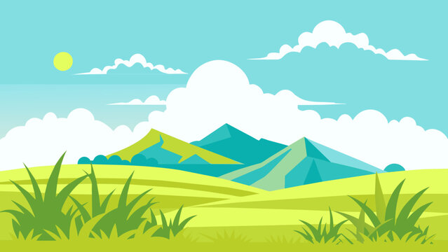 Summer fields, hills landscape, green grass, blue sky with clouds, flat style cartoon painting illustration, background