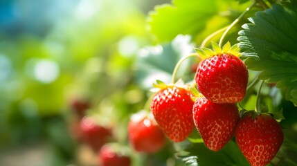 Strawberry bush close up, garden background with copy space