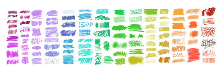 Crayon doodle scribble vector set, chalk brush stroke lines marks kit, color pencil texture mess. Children hand drawn sketch kit kid marker scratch grunge graphic decor. Pen doodle scribble collection