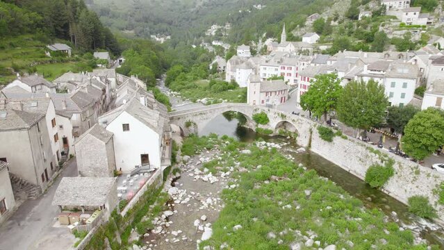 Aerial Shot of Picturesque Pont De Monvert Village in Lozere Department in France