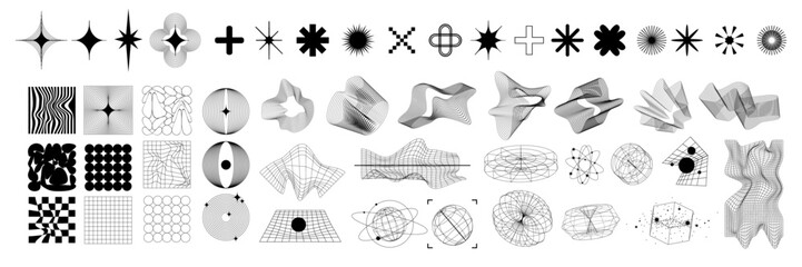 Retro futuristic abstract shapes set, vector cyberpunk grid design element, wave lines, star, sphere. Future digital space wireframe icon kit, techno modern vibrant object poster. Futuristic shapes © Oleksandra