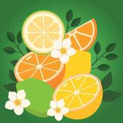 Summer fruits mixed. Cute Citrus Fruits Lemon, Lime and Orange background in vivid tasty colors ideal for Fresh Lemonade