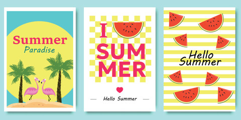 Summer time posters set. Summer greeting text collection with floaters, hat and fruits element for colorful tropical season holiday decoration. Hello holidays or vacation banner vector set.