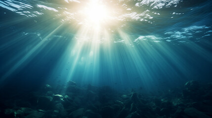 Fototapeta na wymiar Sunbeam vertical Abstract underwater backgrounds in the sea, Ai generated image
