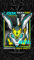 robotic cyberpunk rabbit mask illustration for t shirt design