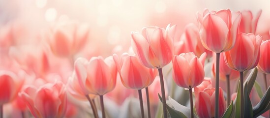 The delicate beauty of red tulips in pastel coral tints capture attention against a blurry background.