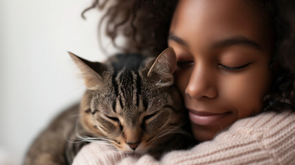 Young attractive mixed race woman cuddling her cat at home, ai generated