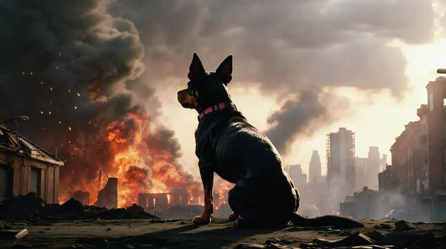 A dog looking at the city destroyed by the war bomb explosion, black smoke with fires in front of it, effect of war,4K animation video.
