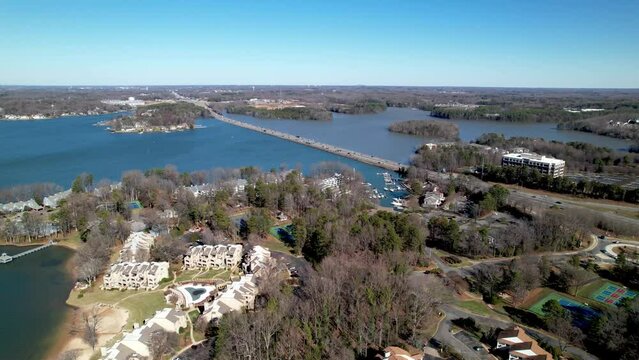 aerial push in to causeway at lake norman nc, near davidson nc and cornelius nc