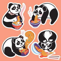 Sticker set of cute pandas eating ramen noodles