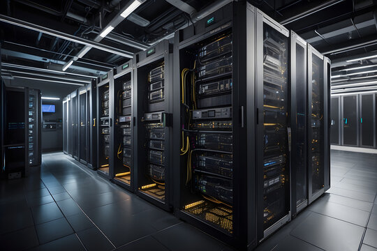 High performance data servers. Ultra high performance servers in data center rack, operating at full load with stability and optimum processing power. Glowing hardware and cables. generate with Ai. - Powered by Adobe