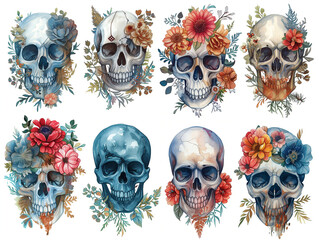 set of floral skulls in watercolor - generative ai