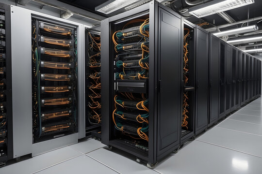 High performance data servers. Ultra high performance servers in data center rack, operating at full load with stability and optimum processing power. Glowing hardware and cables. generate with Ai.