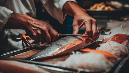 Professional chef carefully prepares fresh fish for a gourmet seafood dish