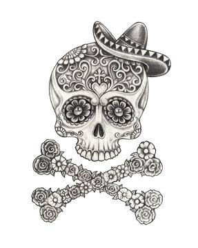 Cute skull and crossbones day of the dead design by hand drawing.