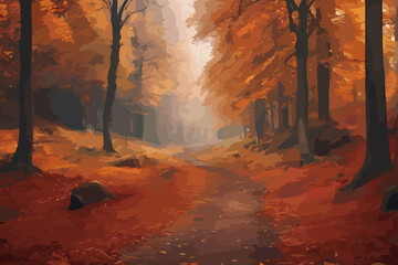 Magical autumn woods with thick fog, fall colours in the park, beautiful autumn landscape. illustration