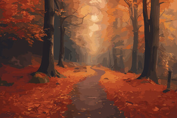 Magical autumn woods with thick fog, fall colours in the park, beautiful autumn landscape. illustration