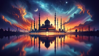 Fototapeta na wymiar Silhouette of a Mosque Under the Crescent Moon Night Sky