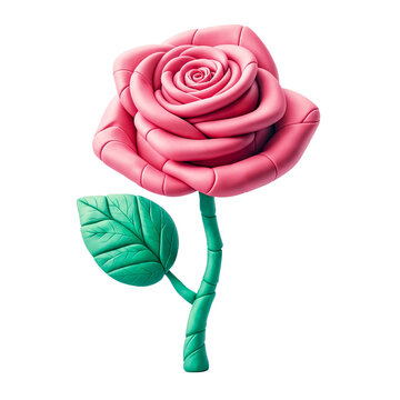 3D Pink rose made of clay isolated on a transparent background. Claymation style Valentine's decorative rose 