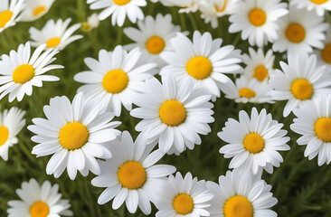 Daisies in a field. Chamomile flowers. Top view.